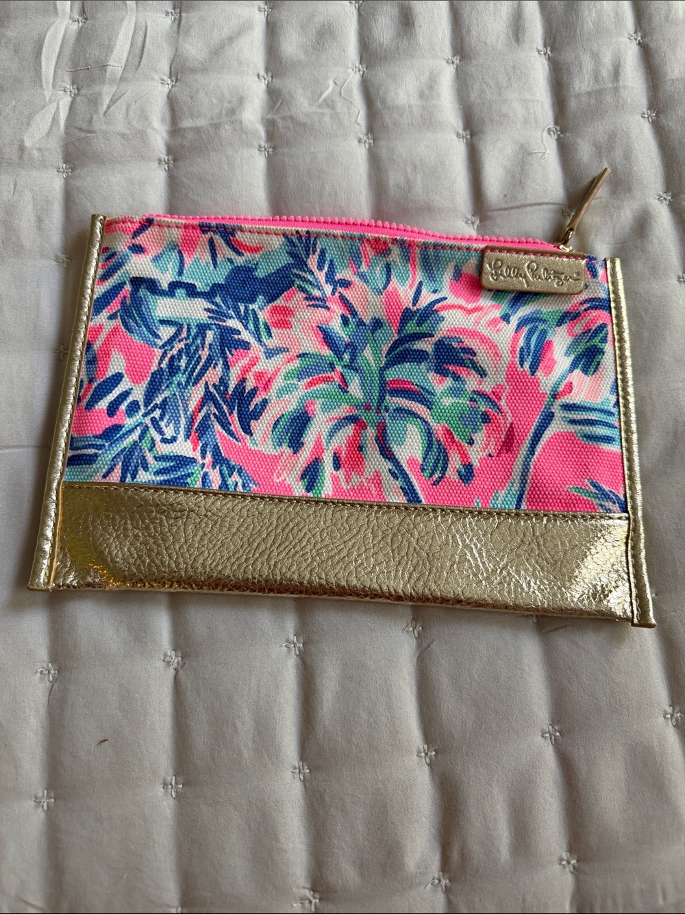 Lilly Pulitzer Pink Blue Tropical Print Cosmetic Pouch with Gold Trim